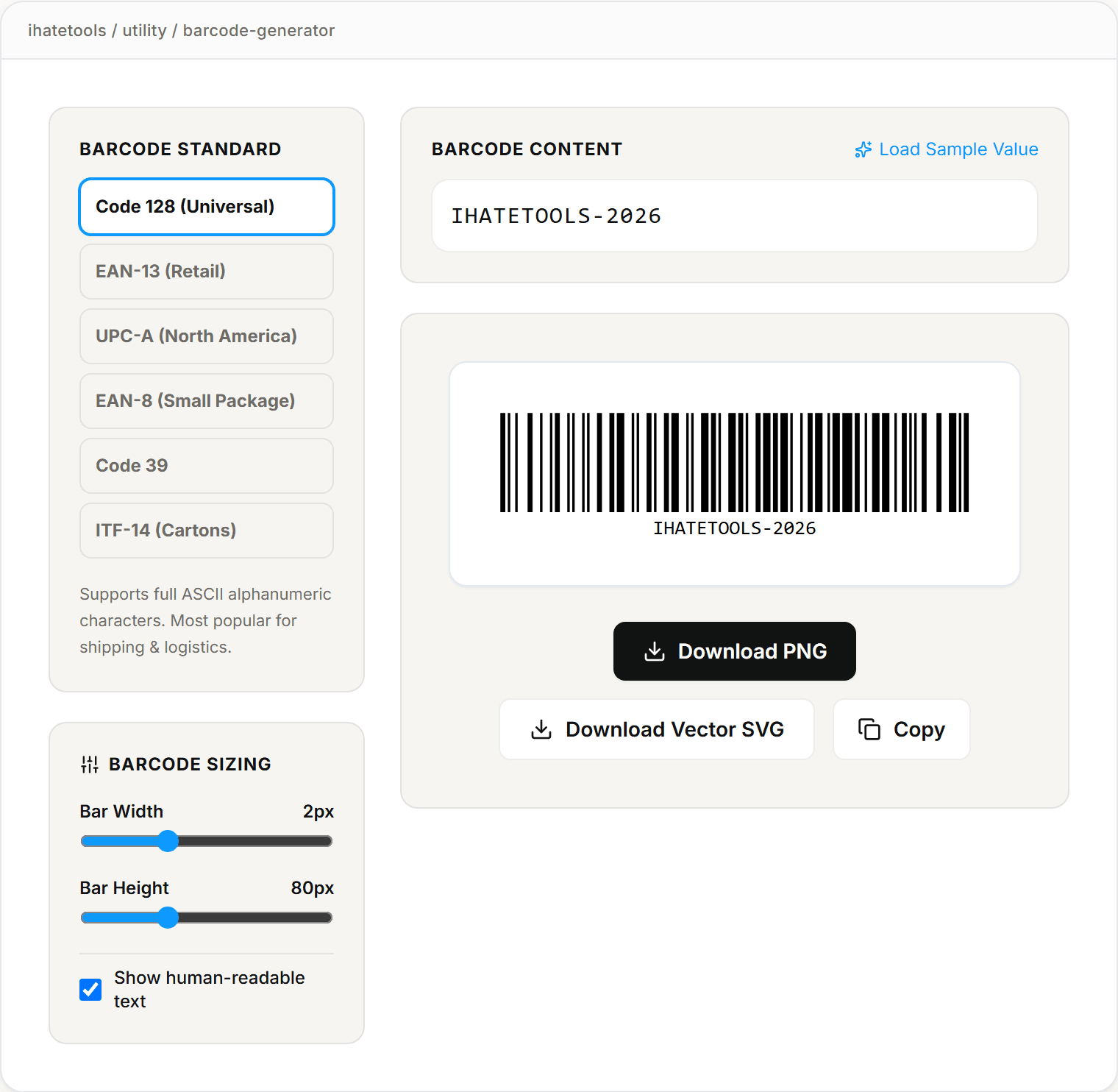 ihatetools barcode generator showing a generated barcode