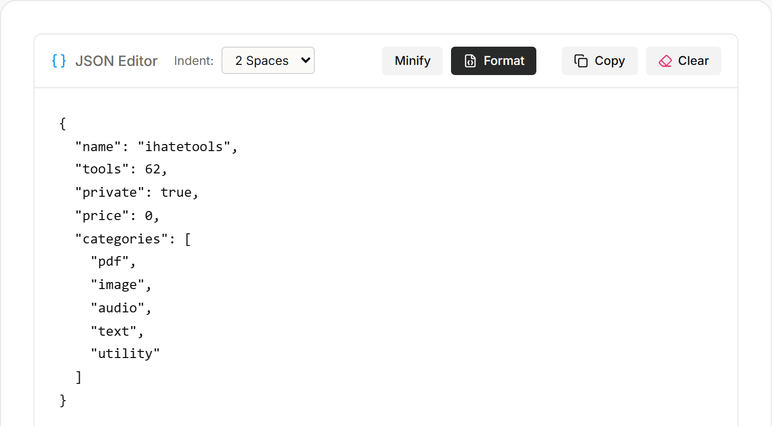 ihatetools JSON formatter showing formatted, color-highlighted JSON