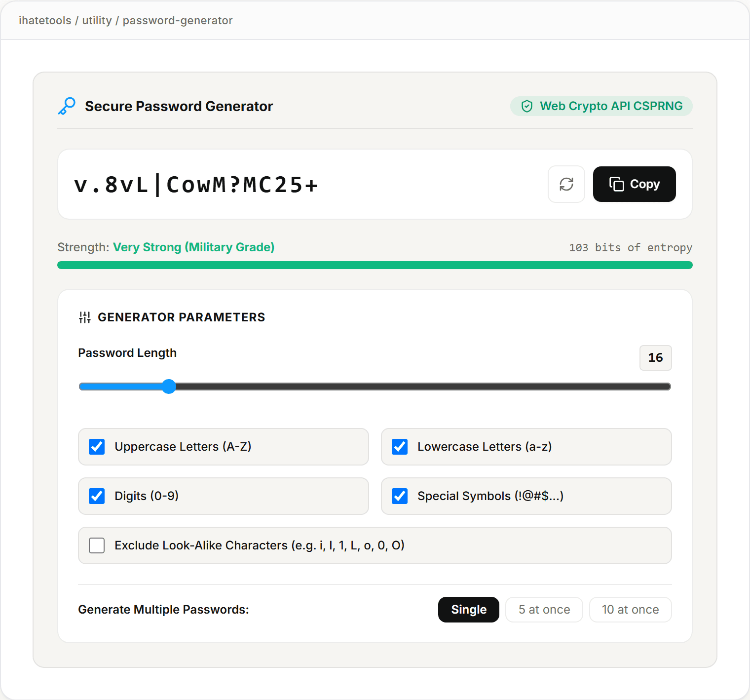 ihatetools password generator showing a generated high-entropy password
