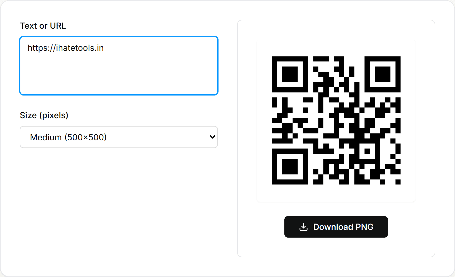 ihatetools QR code generator showing a generated QR code for a URL